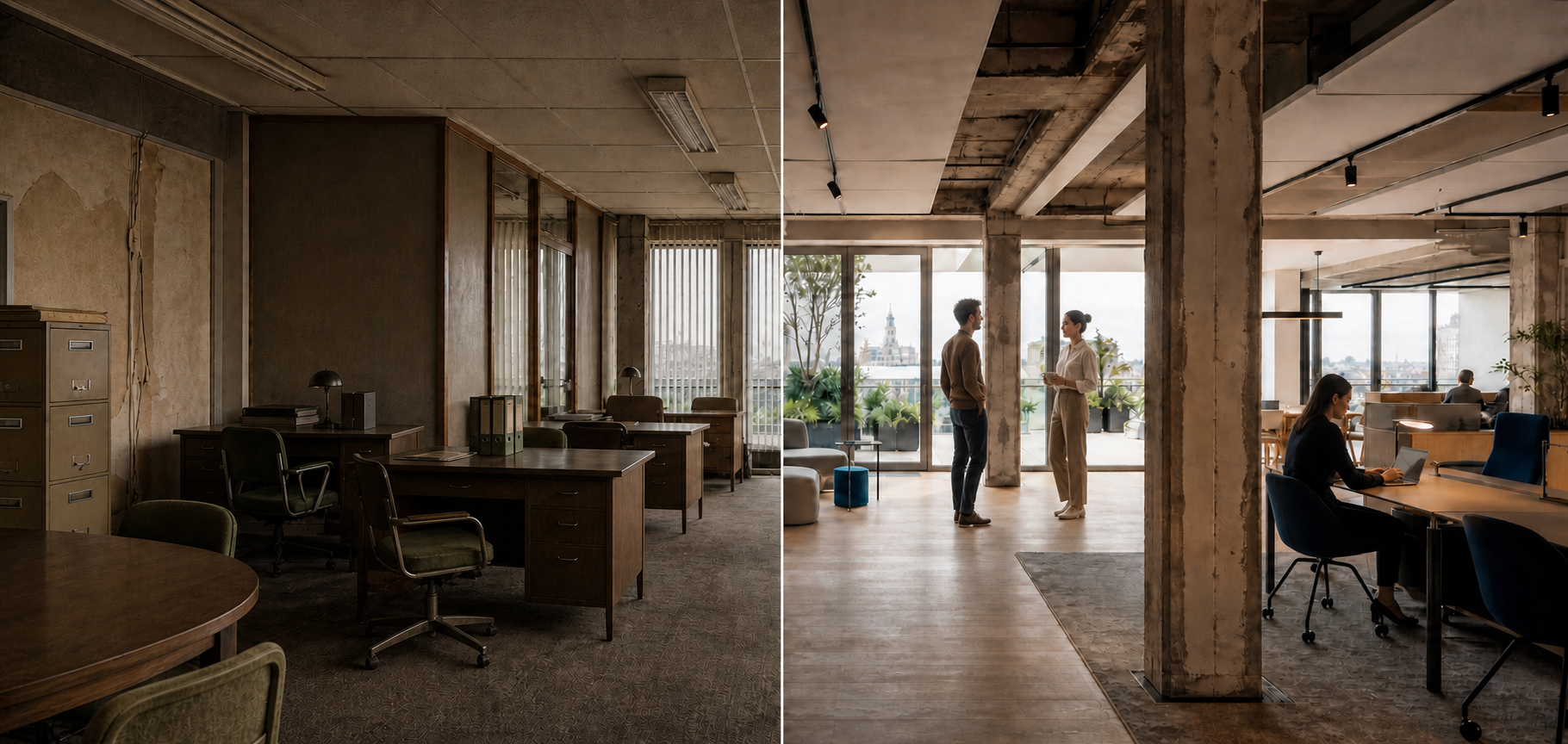 Gedateerd gemeubileerd kantoorinterieur vóór en levendig modern werkplekconcept met gebruikers na transformatie