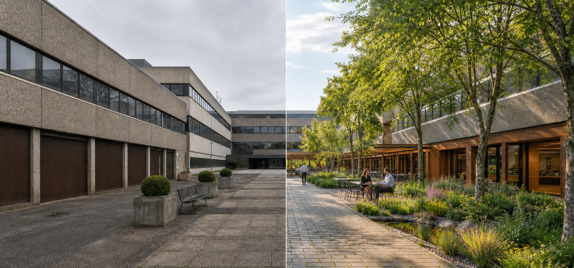 Betonnen kantoorbinnenplaats vóór en levendige groene ontmoetingsplek met gebruikers na vergroening