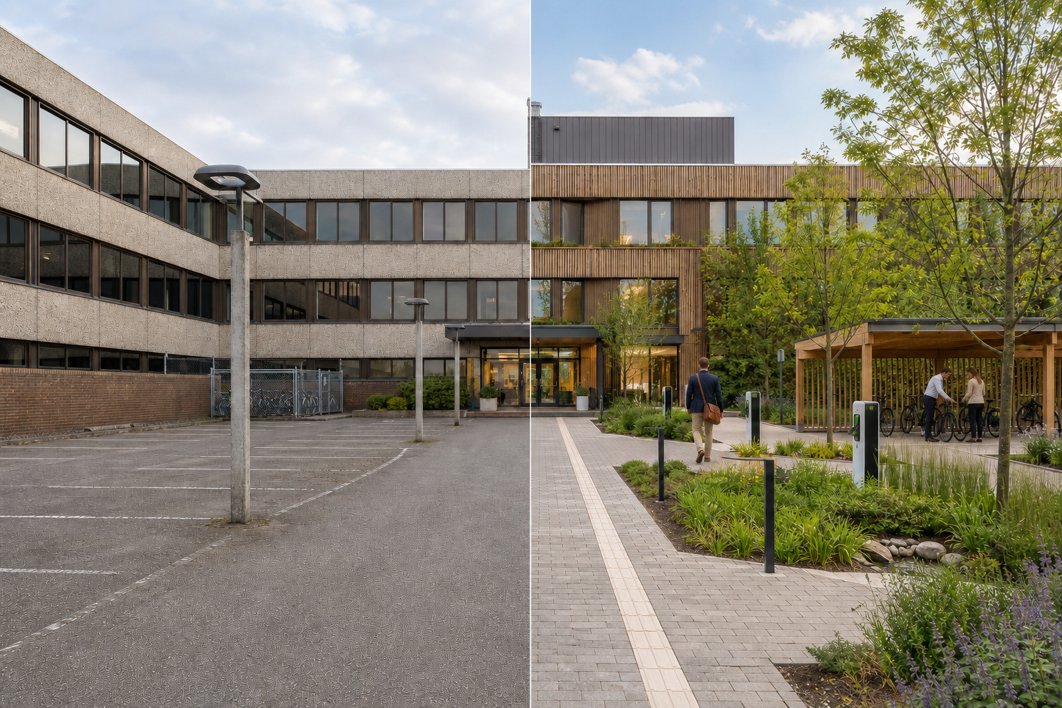 Verouderd parkeerterrein vóór en bereikbare groene aankomst met voetgangers en fietsers na herinrichting