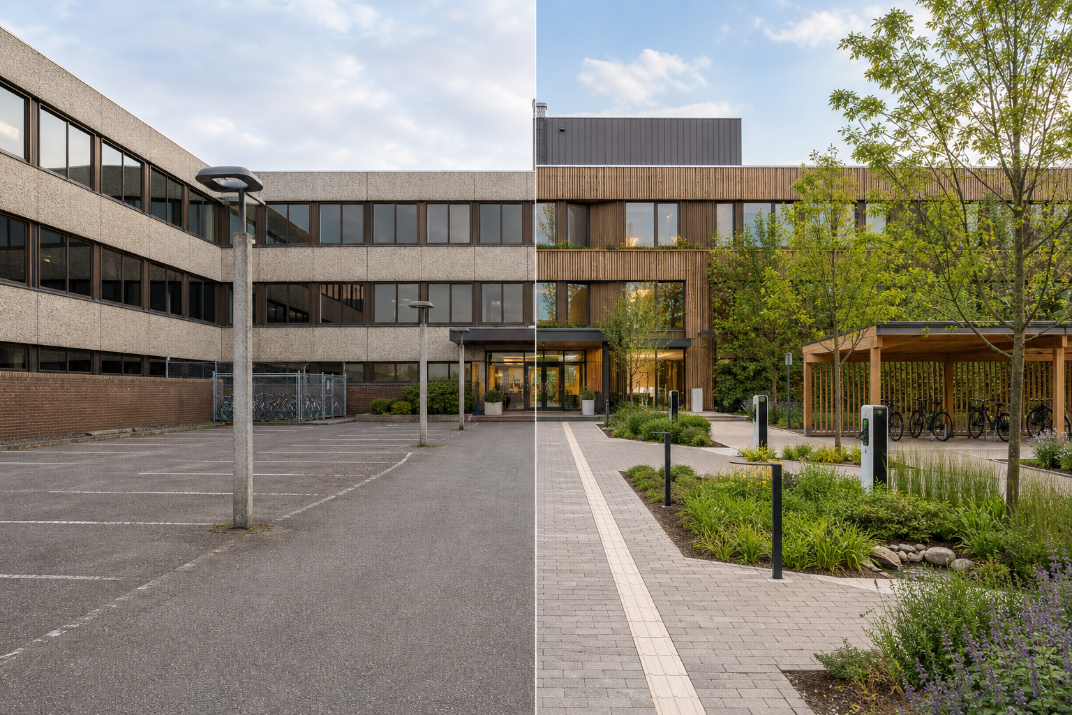 Outdated car park before and after sustainable redesign