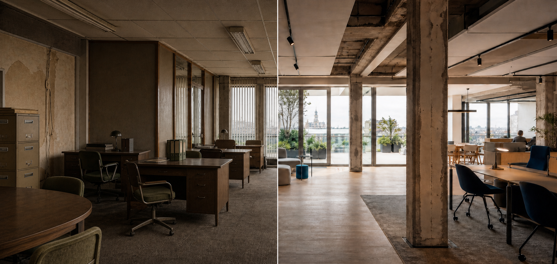 Dated furnished 1970s office interior before and after workplace transformation